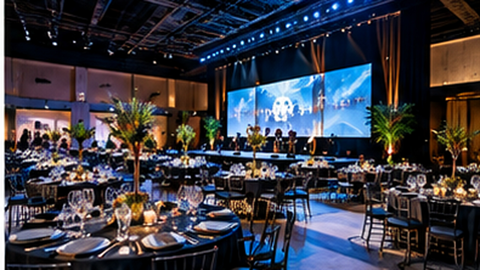 Salón de evento corporativo montado con escenario, pantallas e iluminación por VEO Agency