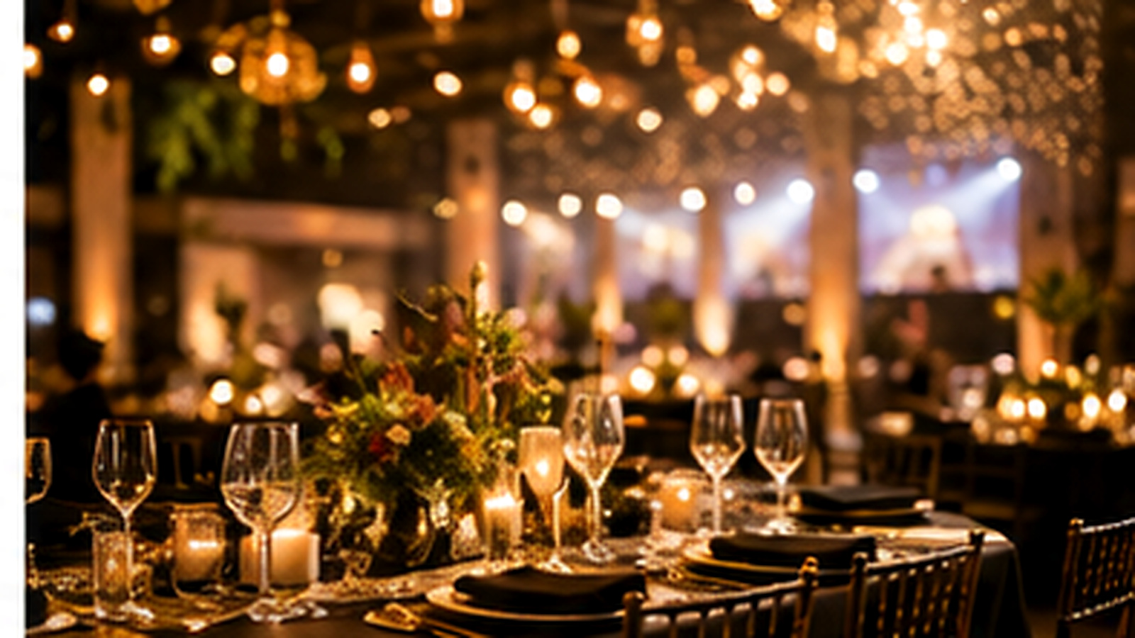 Mesa de banquete elegante con velas y arreglos florales para fiesta de fin de año