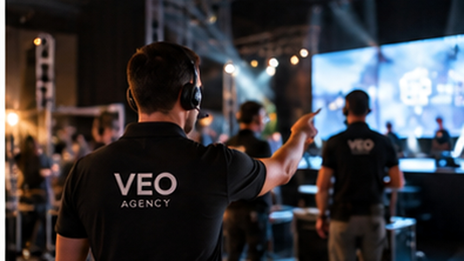 Coordinadores de campo de VEO Agency con radio dirigiendo la operación de un evento