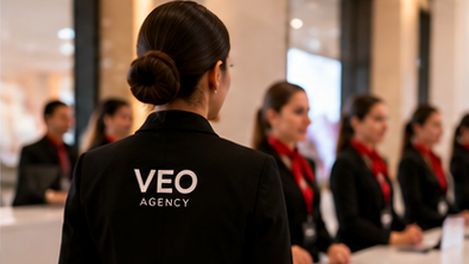 Embajadoras y personal de recepción de VEO Agency dando la bienvenida en un evento