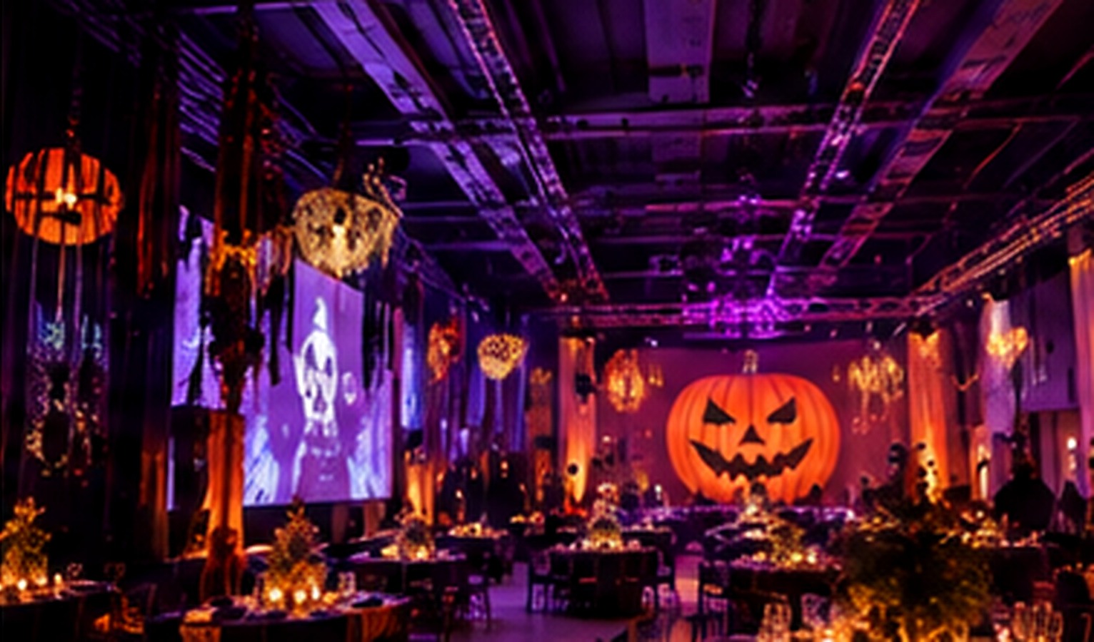 Salón decorado para fiesta corporativa de Halloween con calabaza gigante e iluminación morada